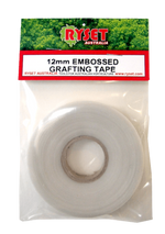 Packaged roll of 12mm embossed grafting tape with RYSET branding on a white background.