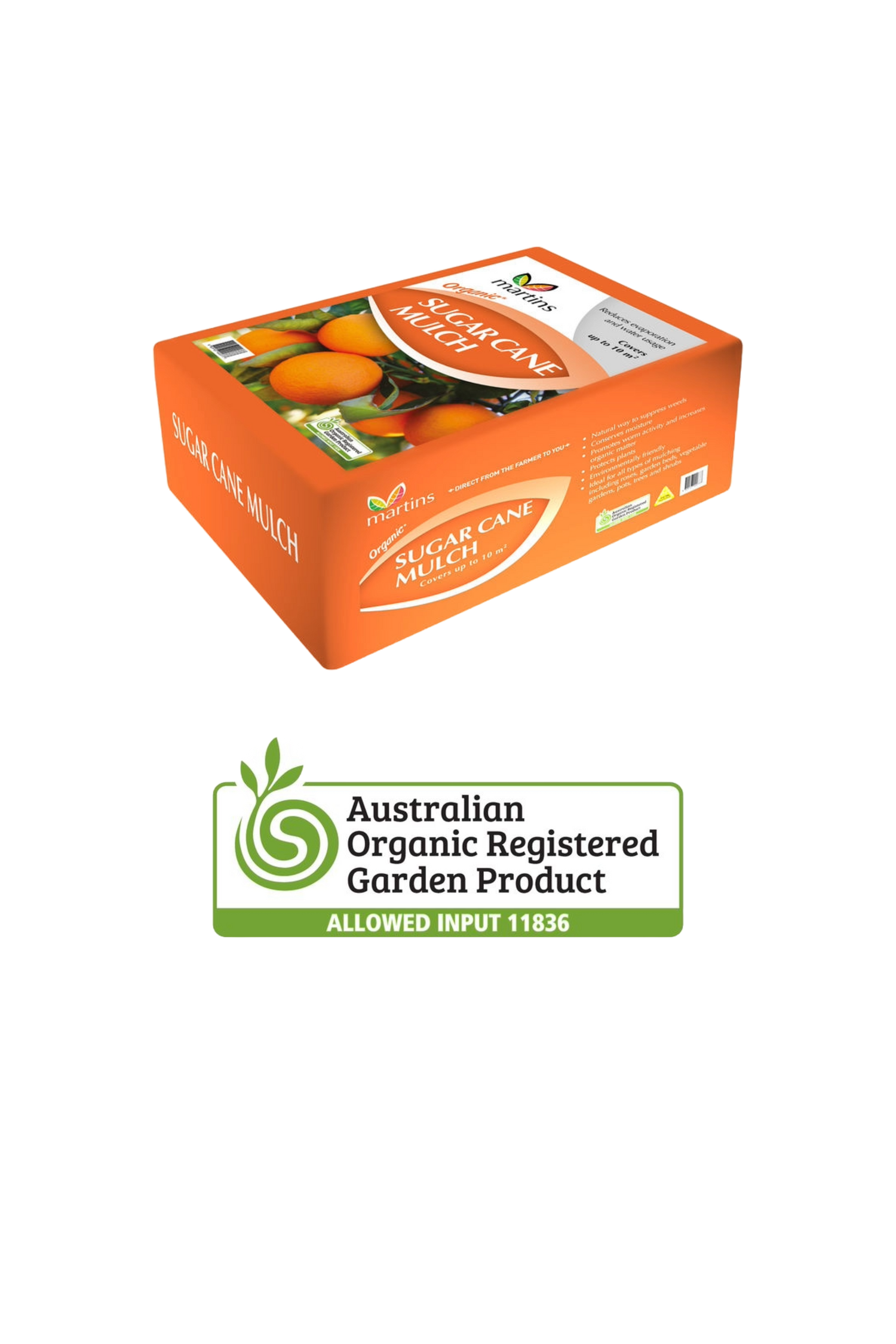 An orange bag of sugarcane mulch and the AORGP Organic Certification
