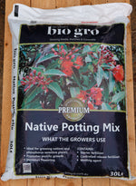 Bag of Bio Gro Native Potting Mix on a wooden surface