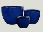 Set of three blue ceramic planters