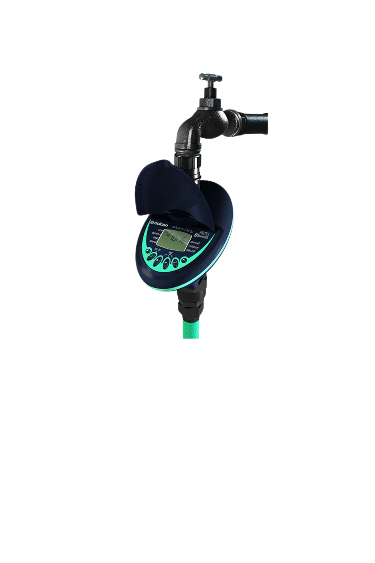 Digital water meter with a black casing and green display