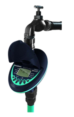 Digital water meter with a black casing and green display