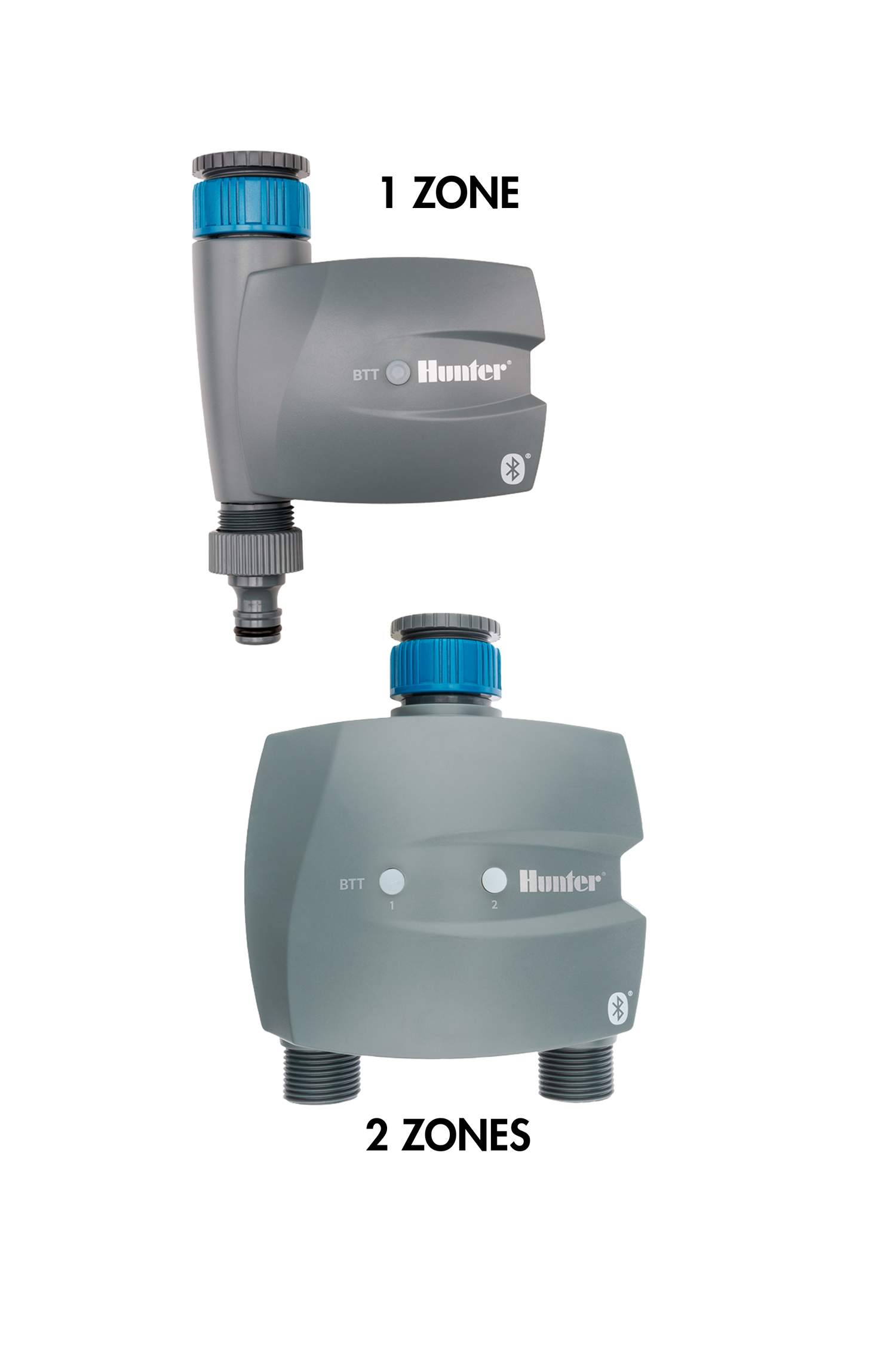 Two gray tap timers with one outlet and two outlet options