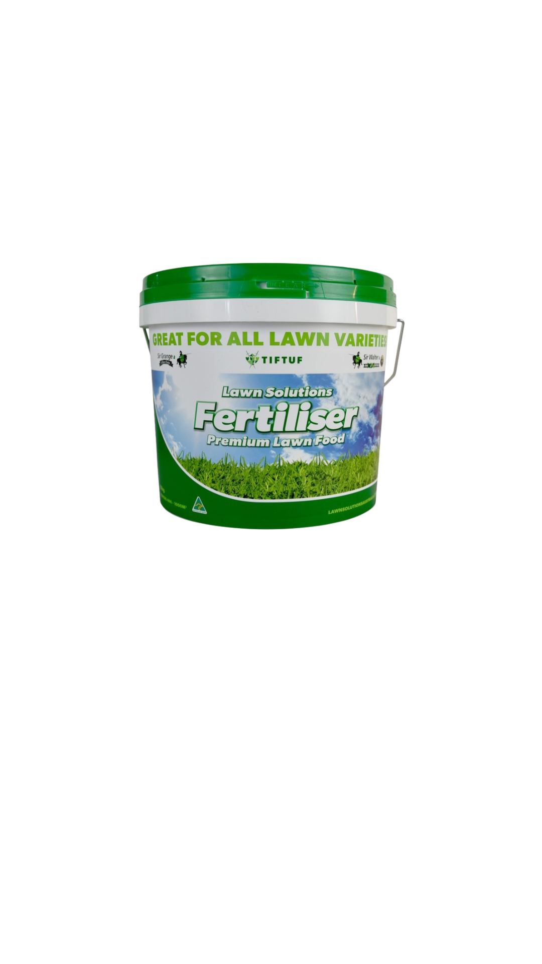 Lawn fertilizer container with green lid and label