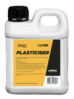 A bottle of Plasticiser in a white bottle with yellow and black label