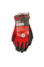 Red and black gloves with a visible brand label