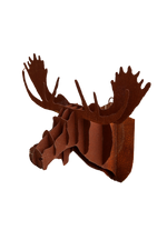 A rusted metal sculpture of a moose head