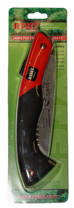 Folding saw with red and black handle in packaging