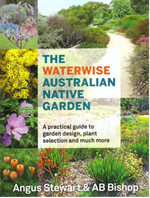 Book cover of 'The Waterwise Australian Native Garden' with garden images and text.