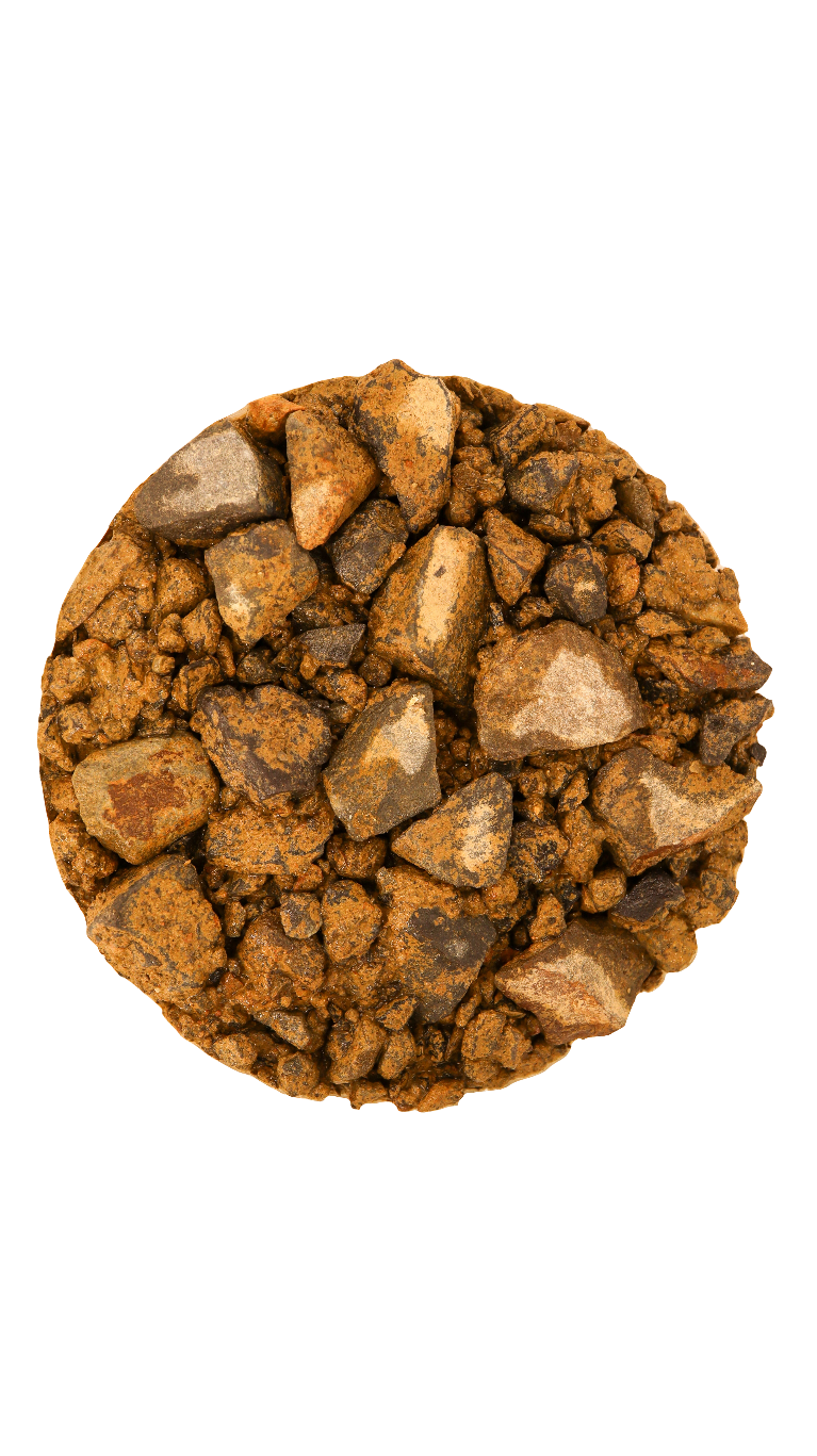 A dish of gravel with red, brown and blue hues