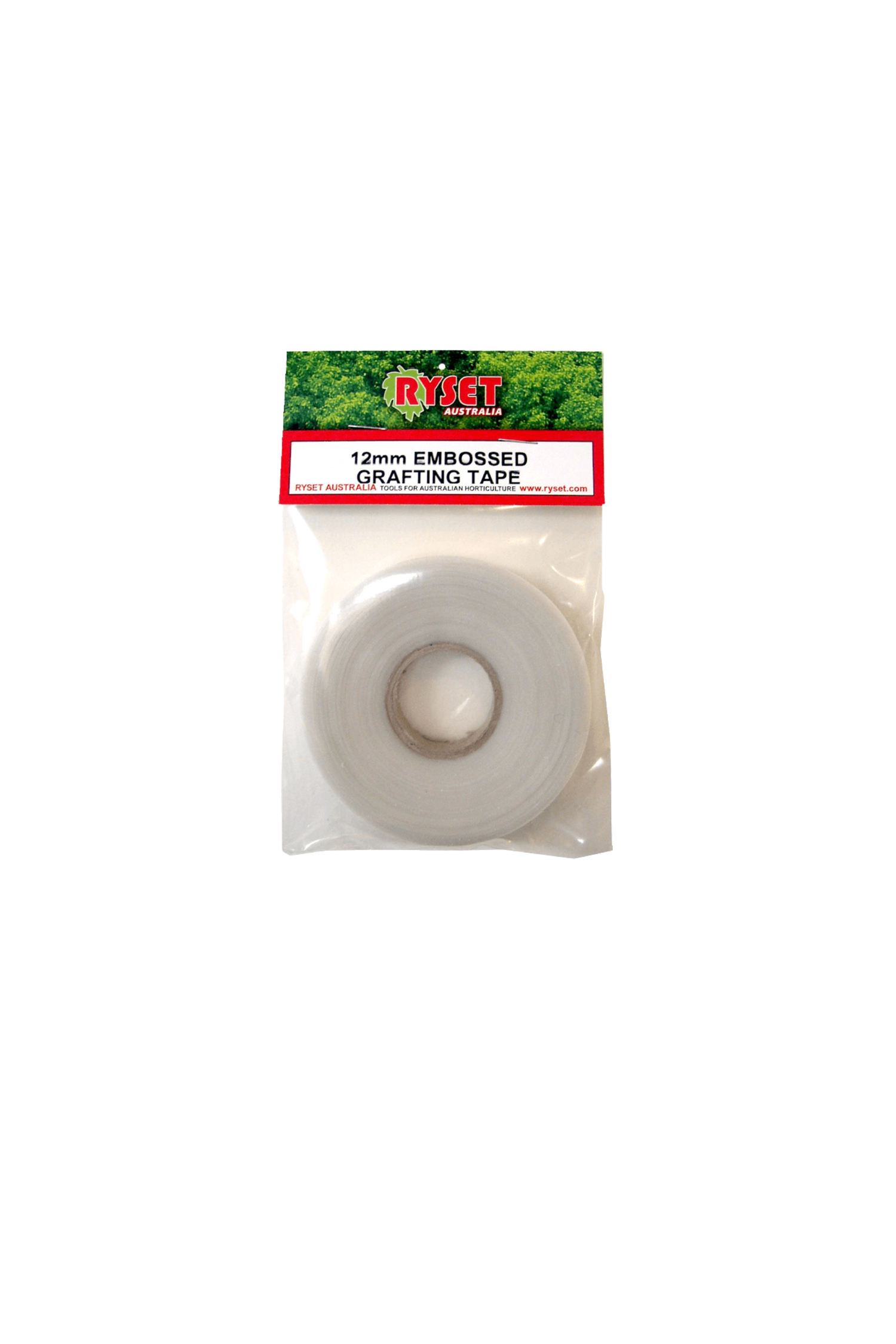 Packaged roll of 12mm embossed grafting tape with RYSET branding on a white background.