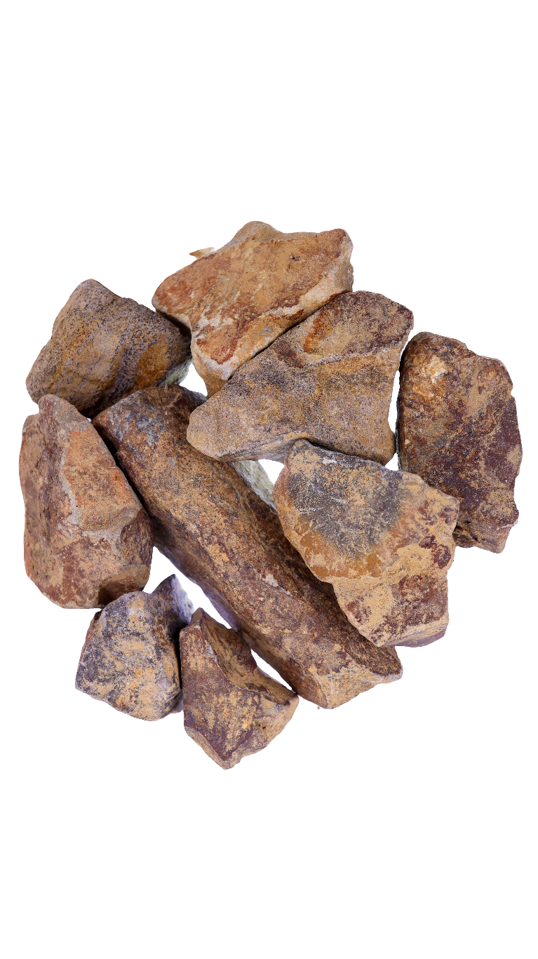 A dish of irregularly shaped stones on hues of orange and brown