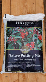Bag of Bio Gro Native Potting Mix on a wooden surface