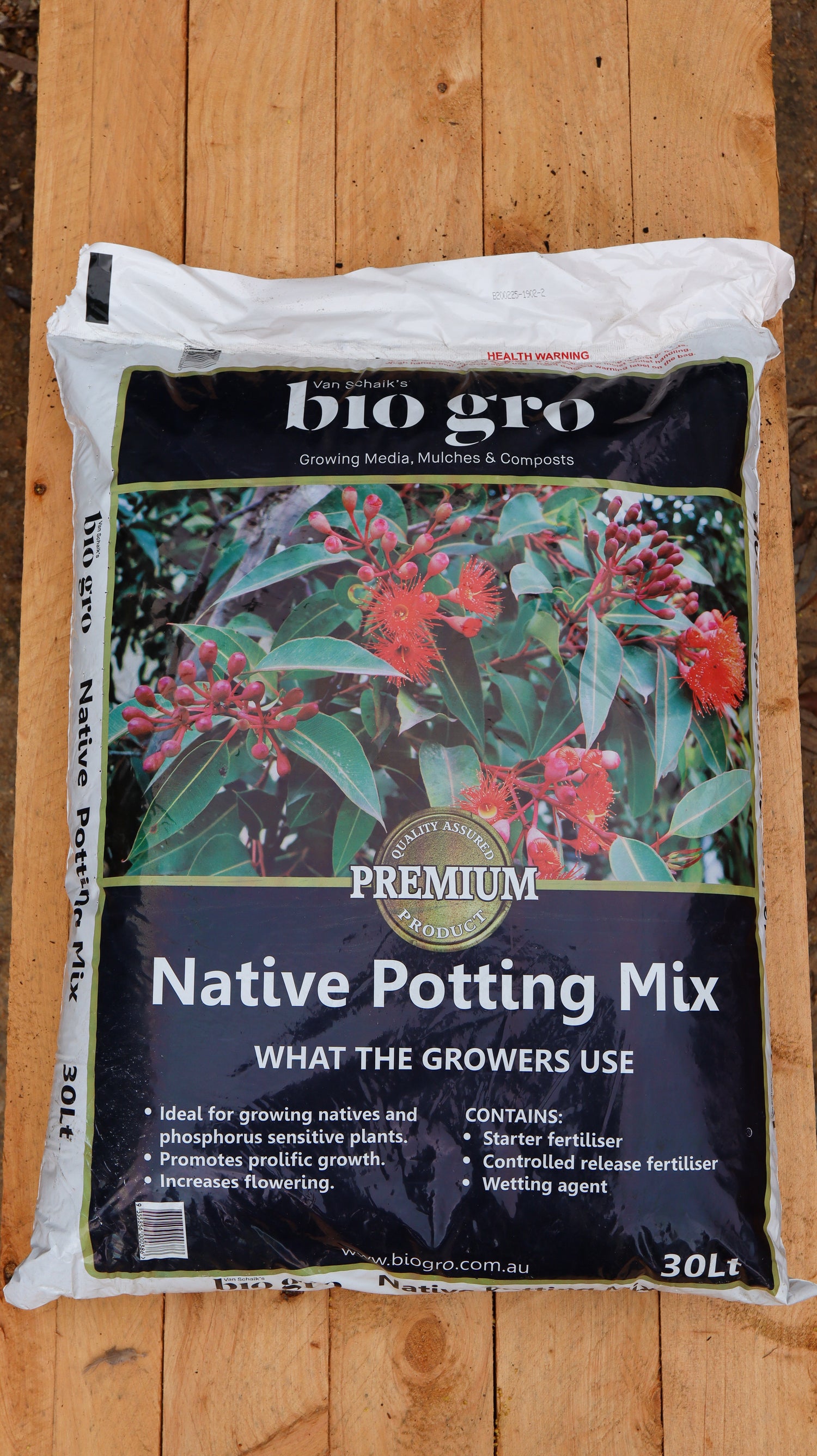 Bag of Bio Gro Native Potting Mix on a wooden surface