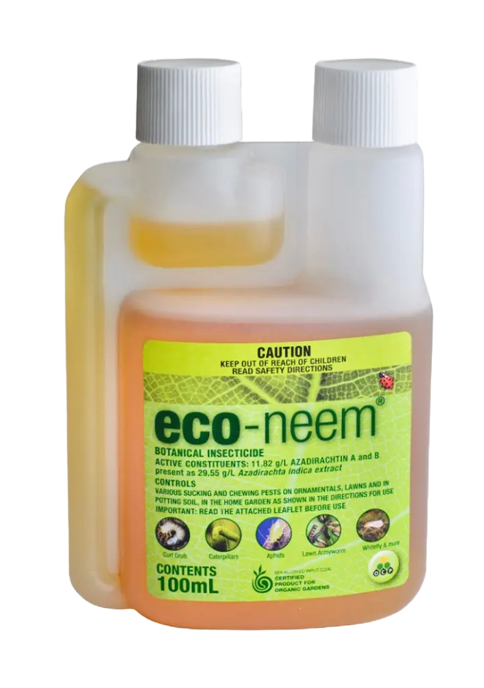 Eco-Neem botanical insecticide bottle with label on a white background