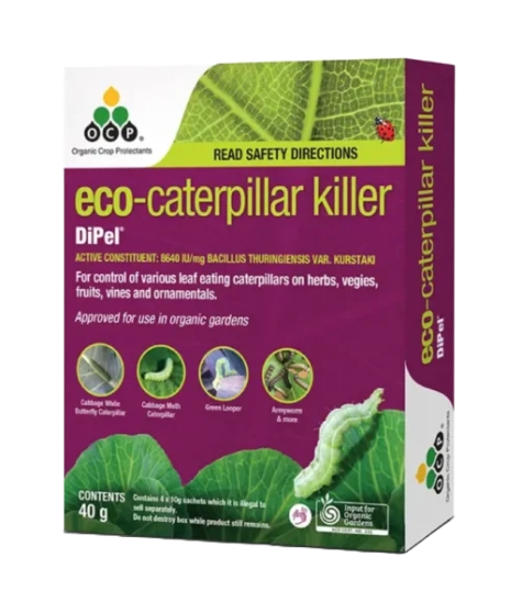Box of eco-caterpillar killer with green and purple design