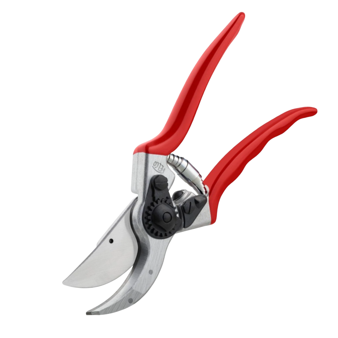 Gardening pruner with red handles on a white background