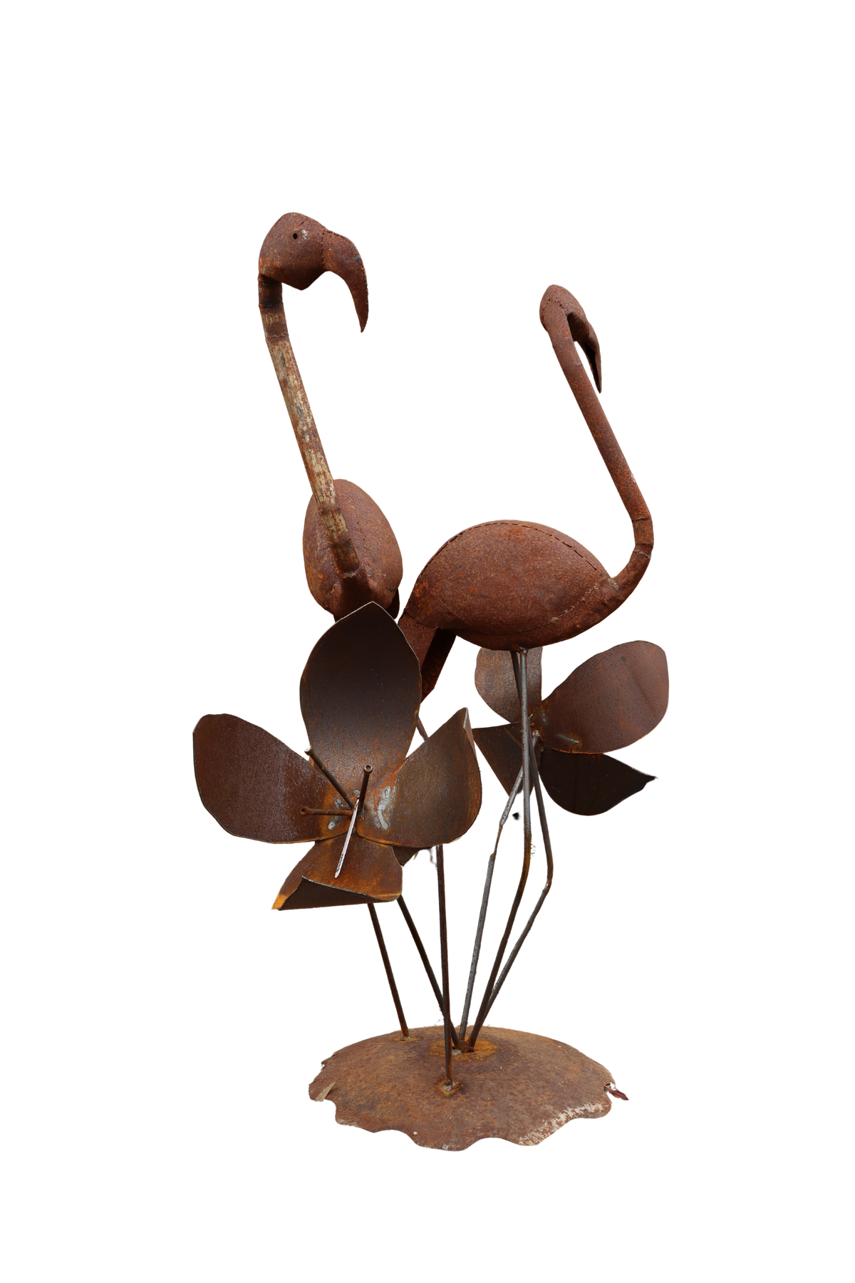 Rust-colored metal flamingo and flower sculpture 