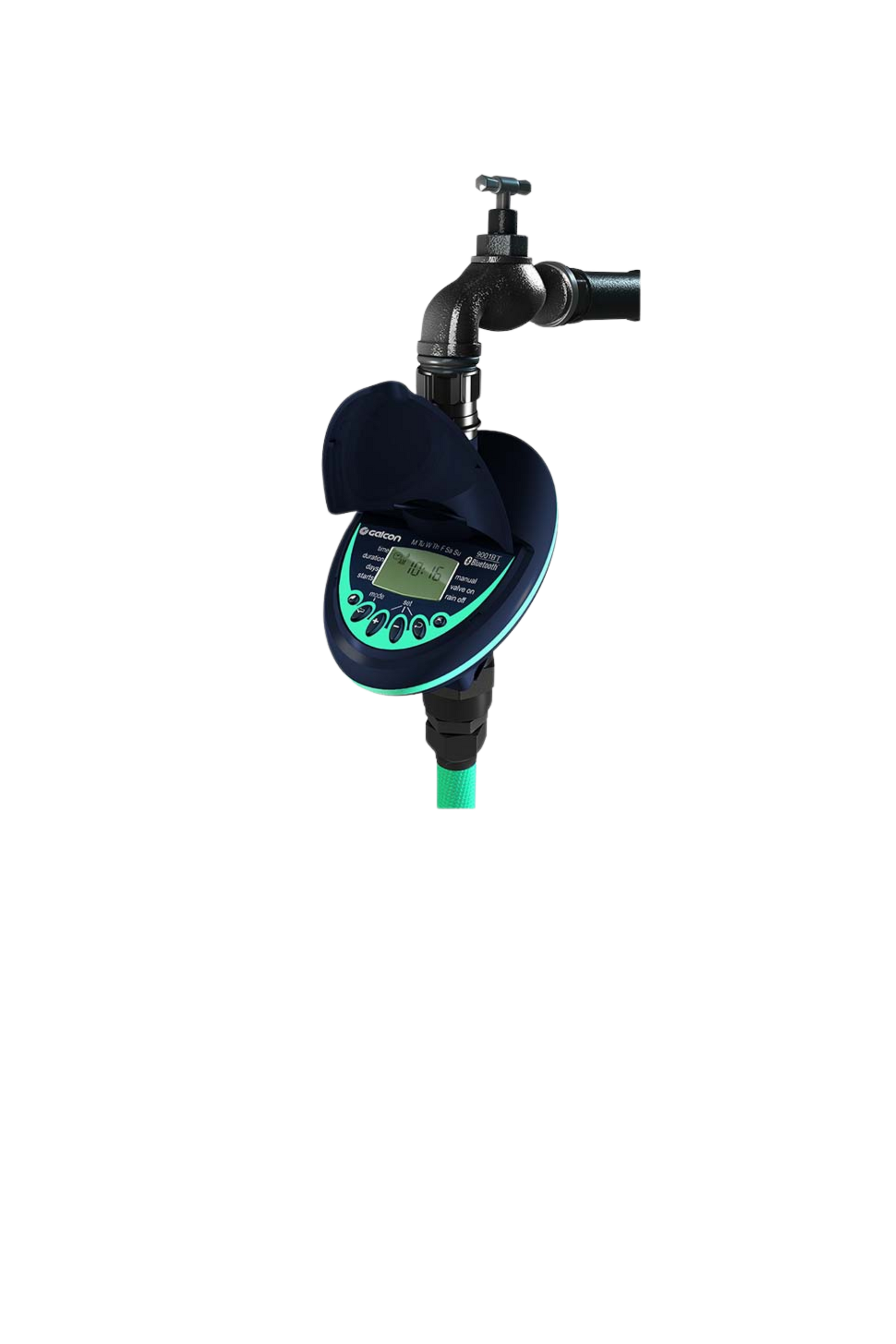 Digital water meter with a black casing and green display