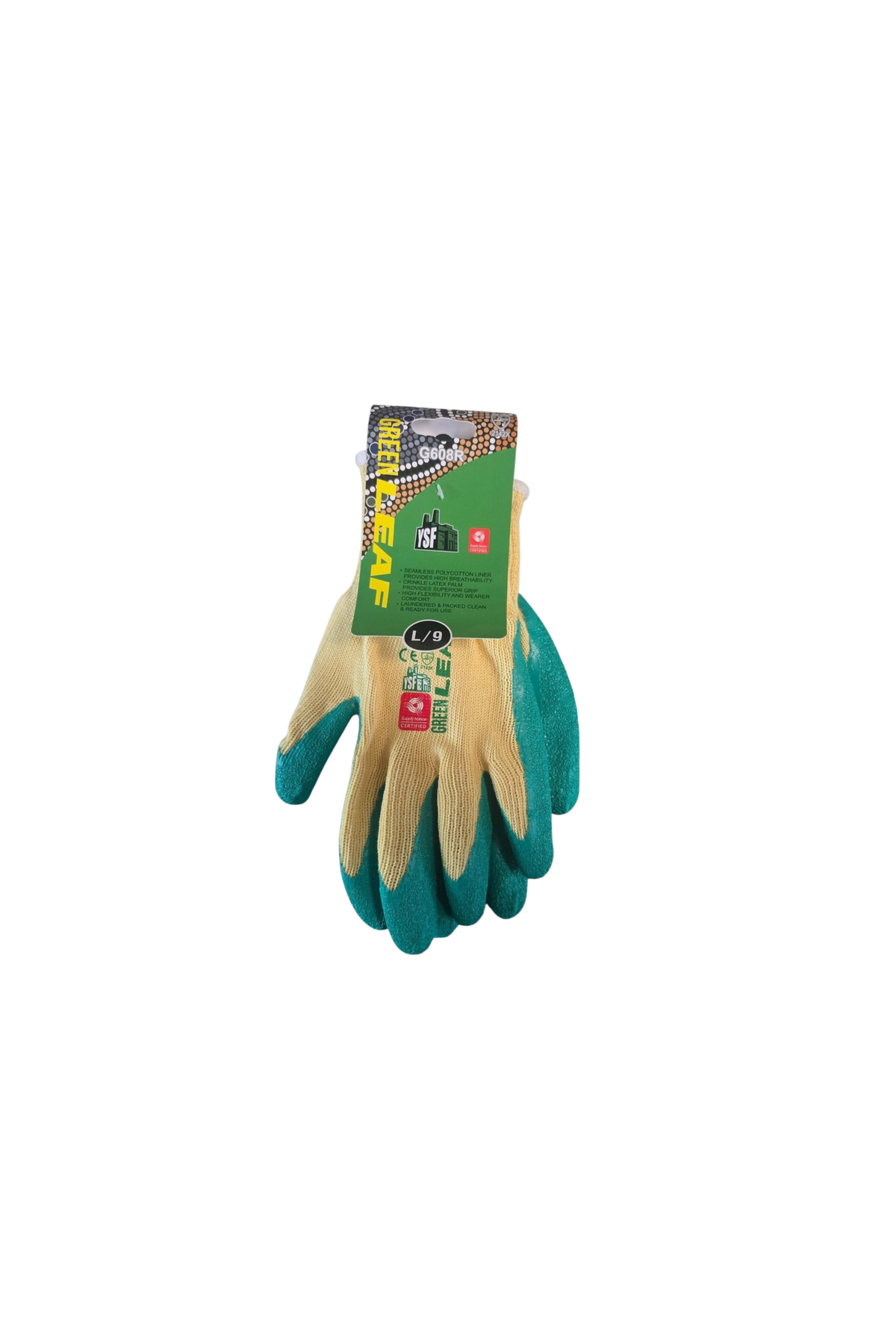 Pair of green gardening gloves with a brand label