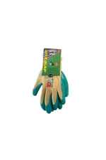 Pair of green gardening gloves with a brand label