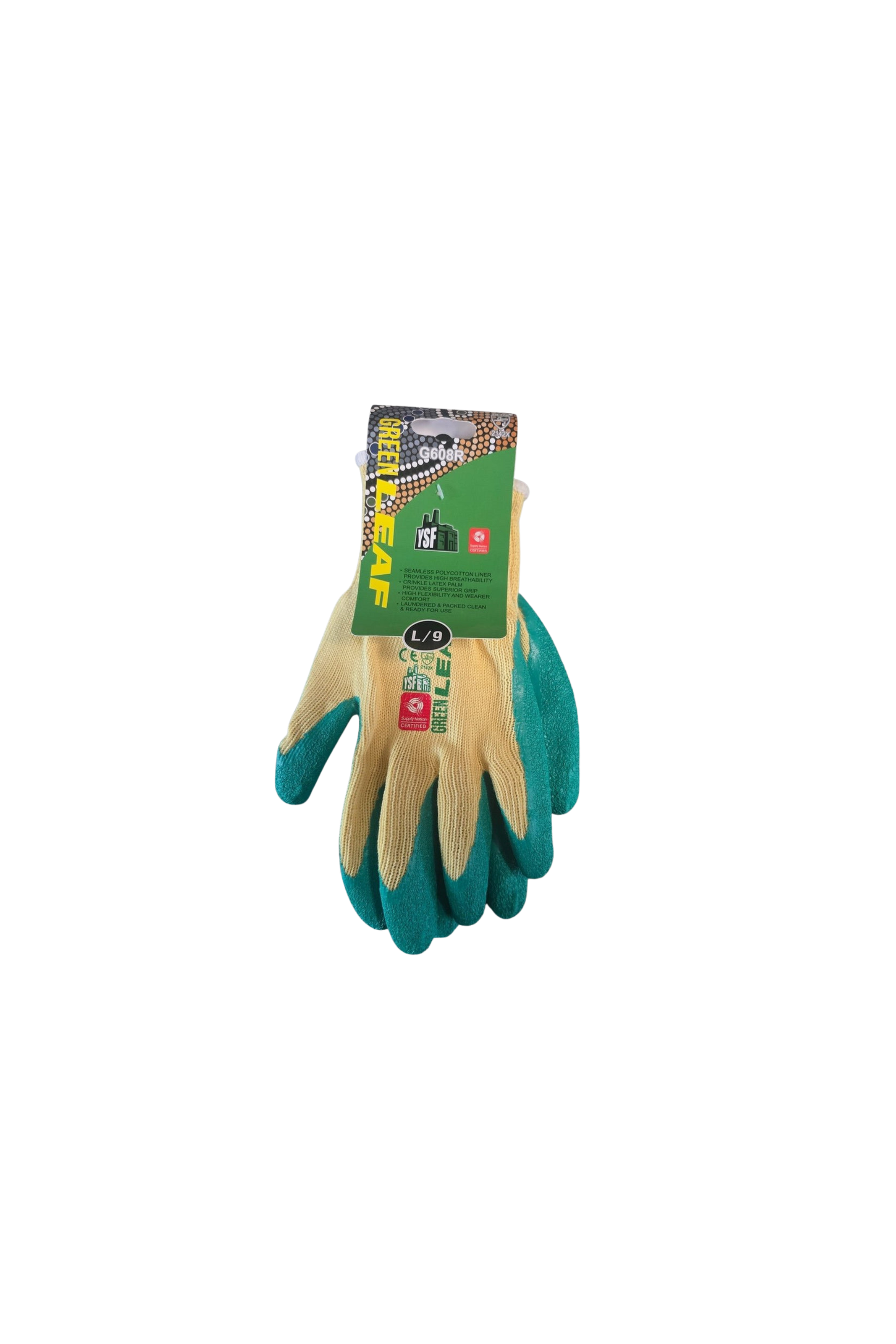 Pair of green gardening gloves with a brand label