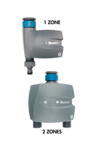 Two gray tap timers with one outlet and two outlet options