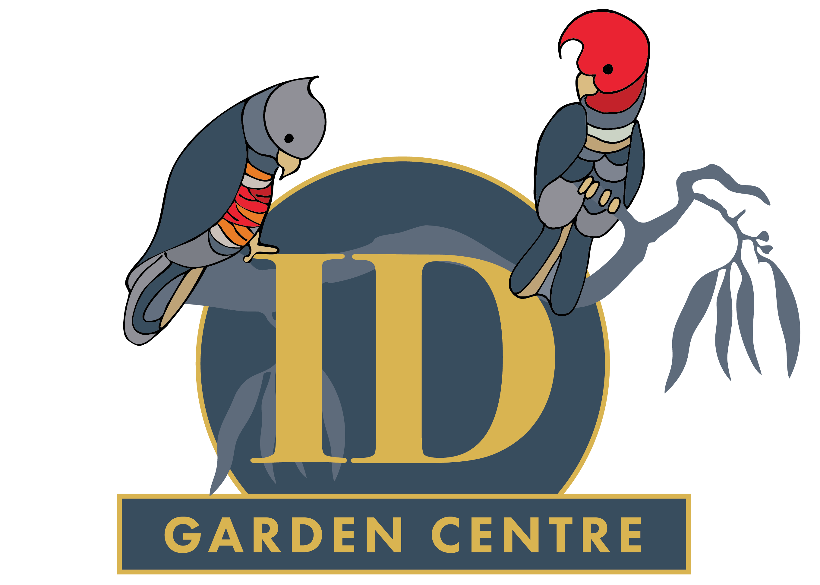Logo of ID Garden Centre with parrots on a branch