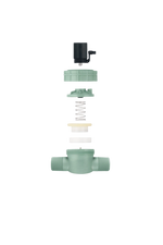 Mechanical parts including a green cylindrical component, black and white springs, and a black cylindrical cap
