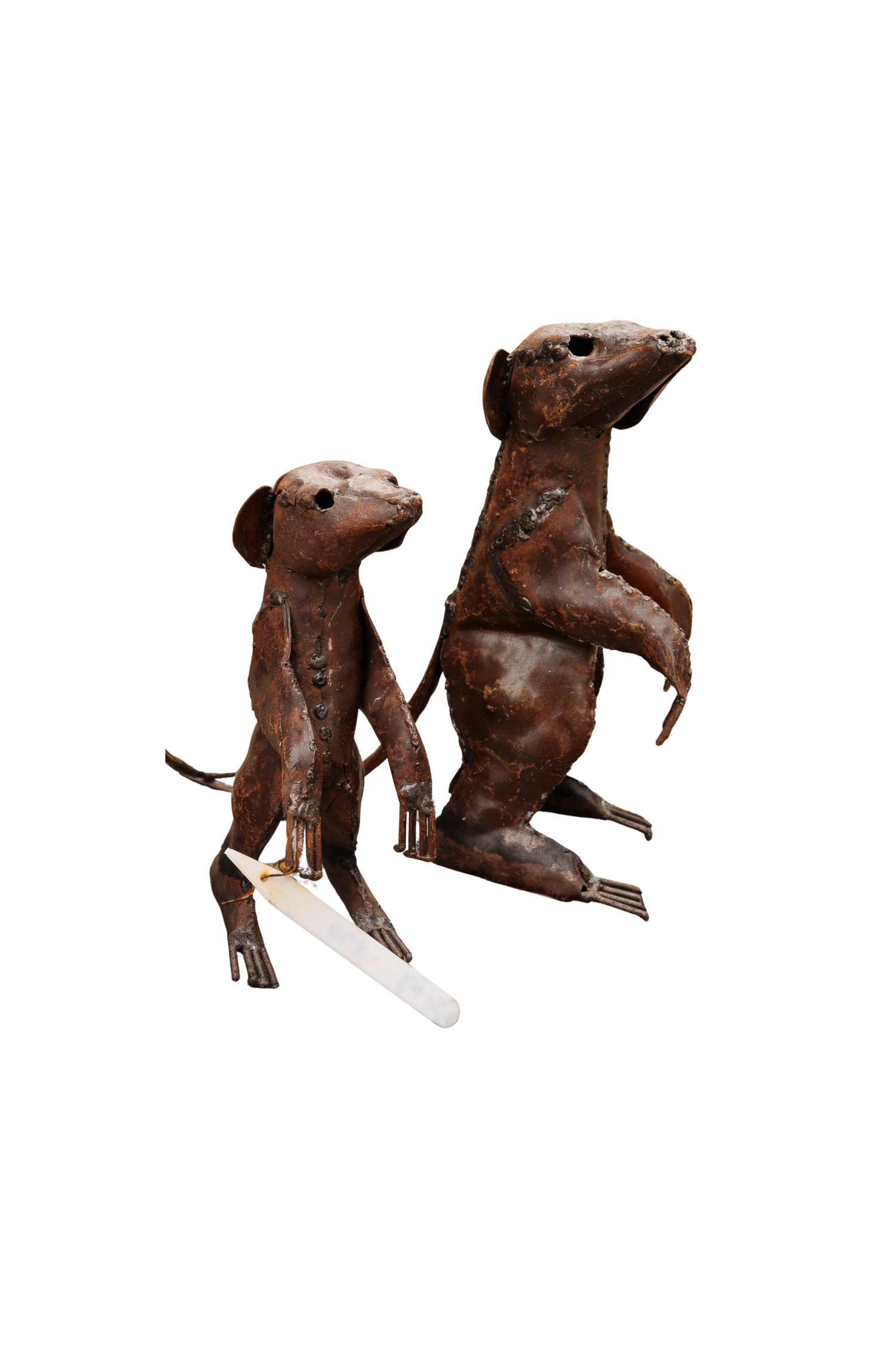 Two rusted metal sculptures of meerkats