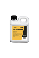A bottle of Plasticiser in a white bottle with yellow and black label