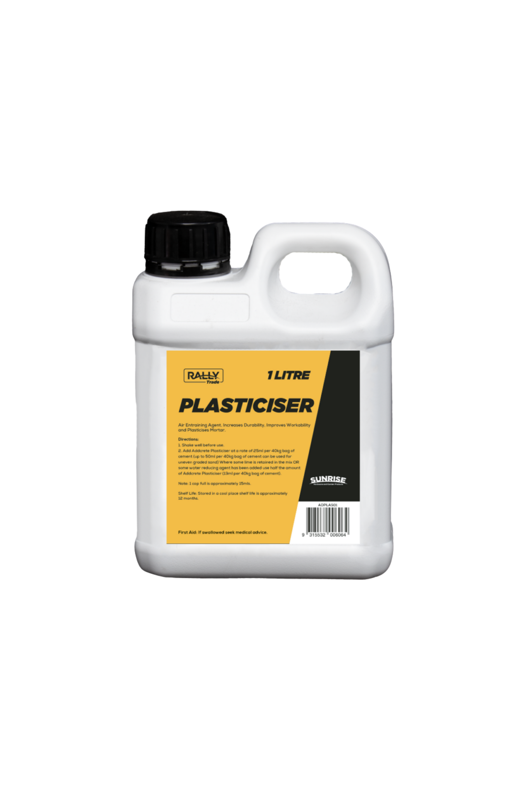 A bottle of Plasticiser in a white bottle with yellow and black label