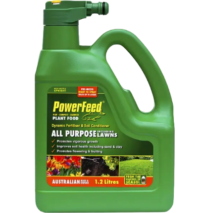 Green container of PowerFeed plant food on aclear background