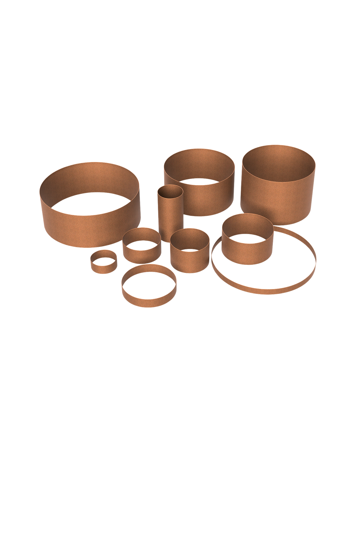 Set of rusted steel rings and raised garden beds