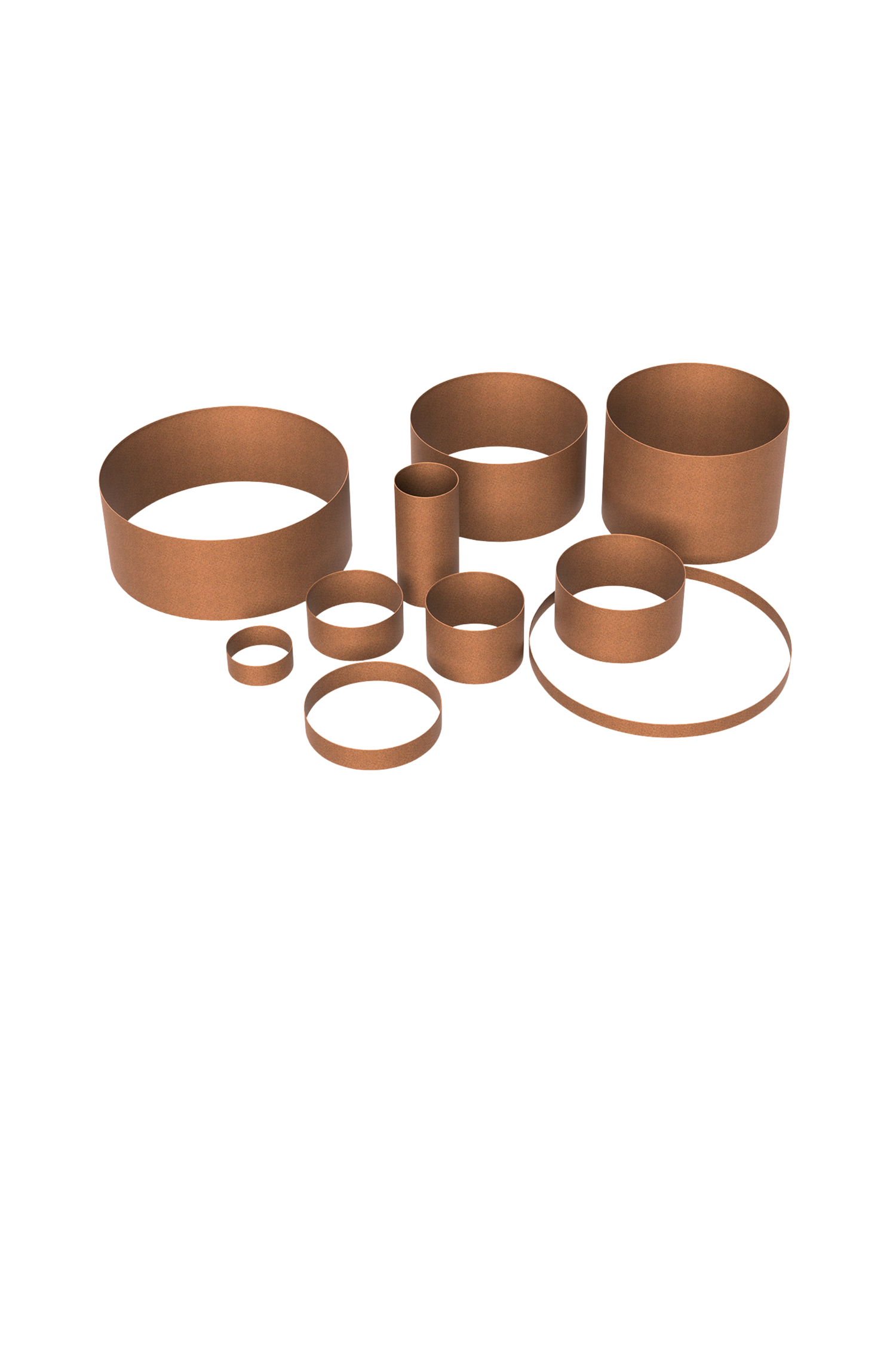 Set of rusted steel rings and raised garden beds