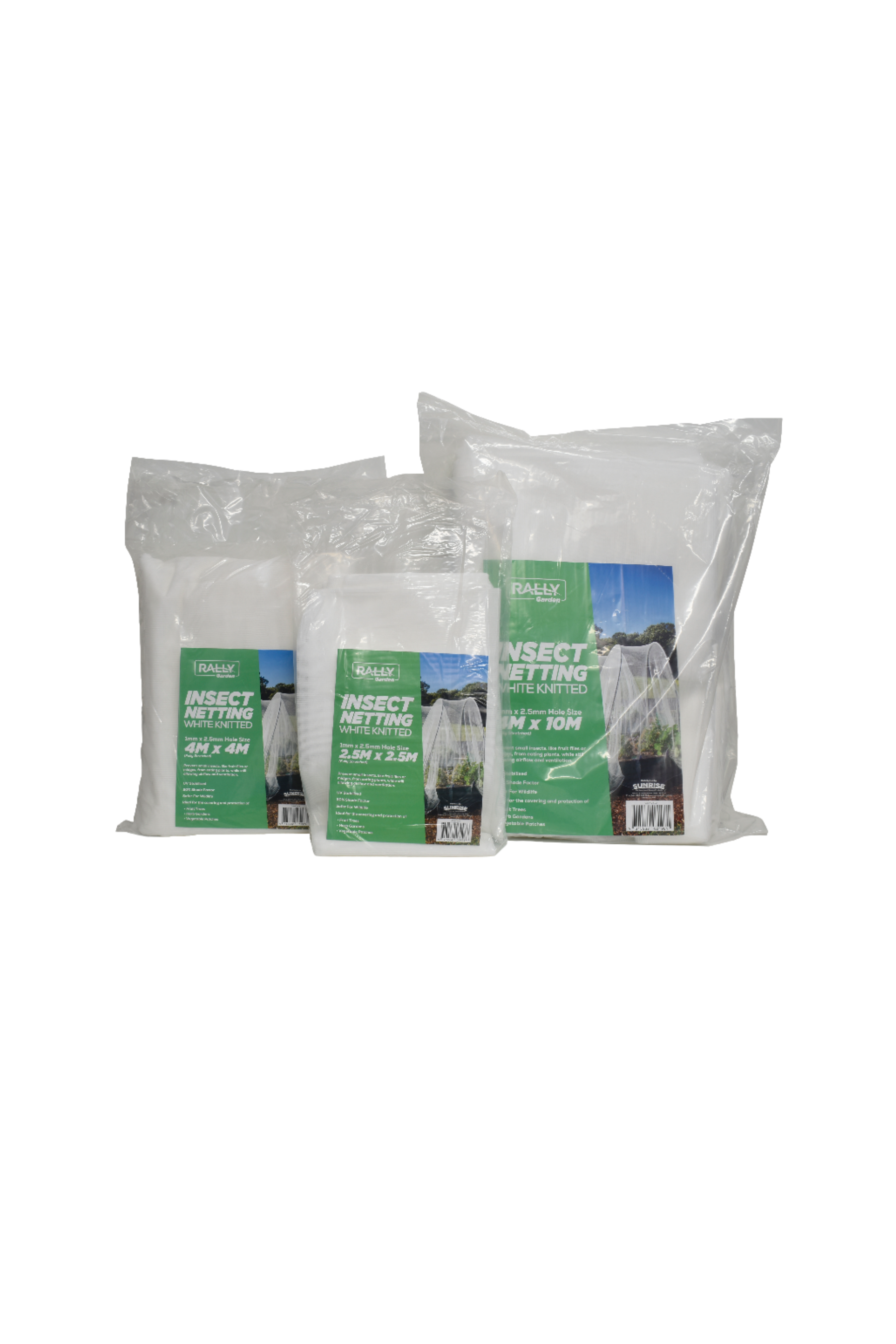 Three packages of insect netting with green labels