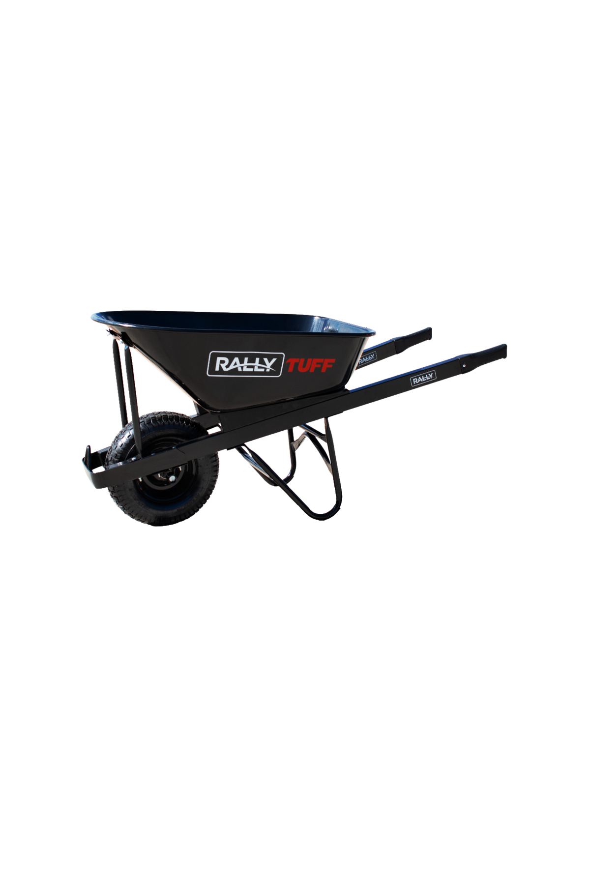 Black wheelbarrow with 'Rally Tuff' branding