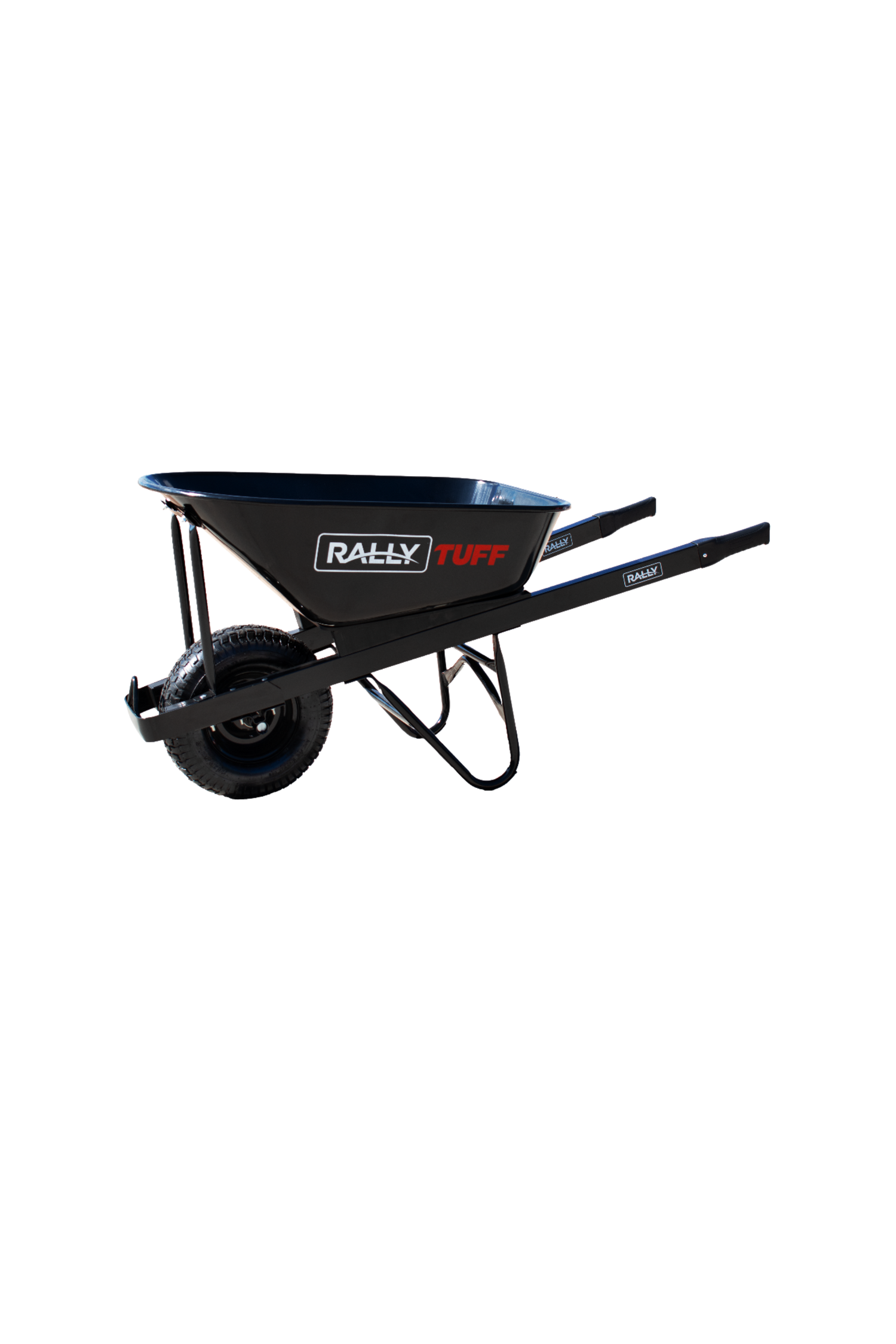 Black wheelbarrow with 'Rally Tuff' branding
