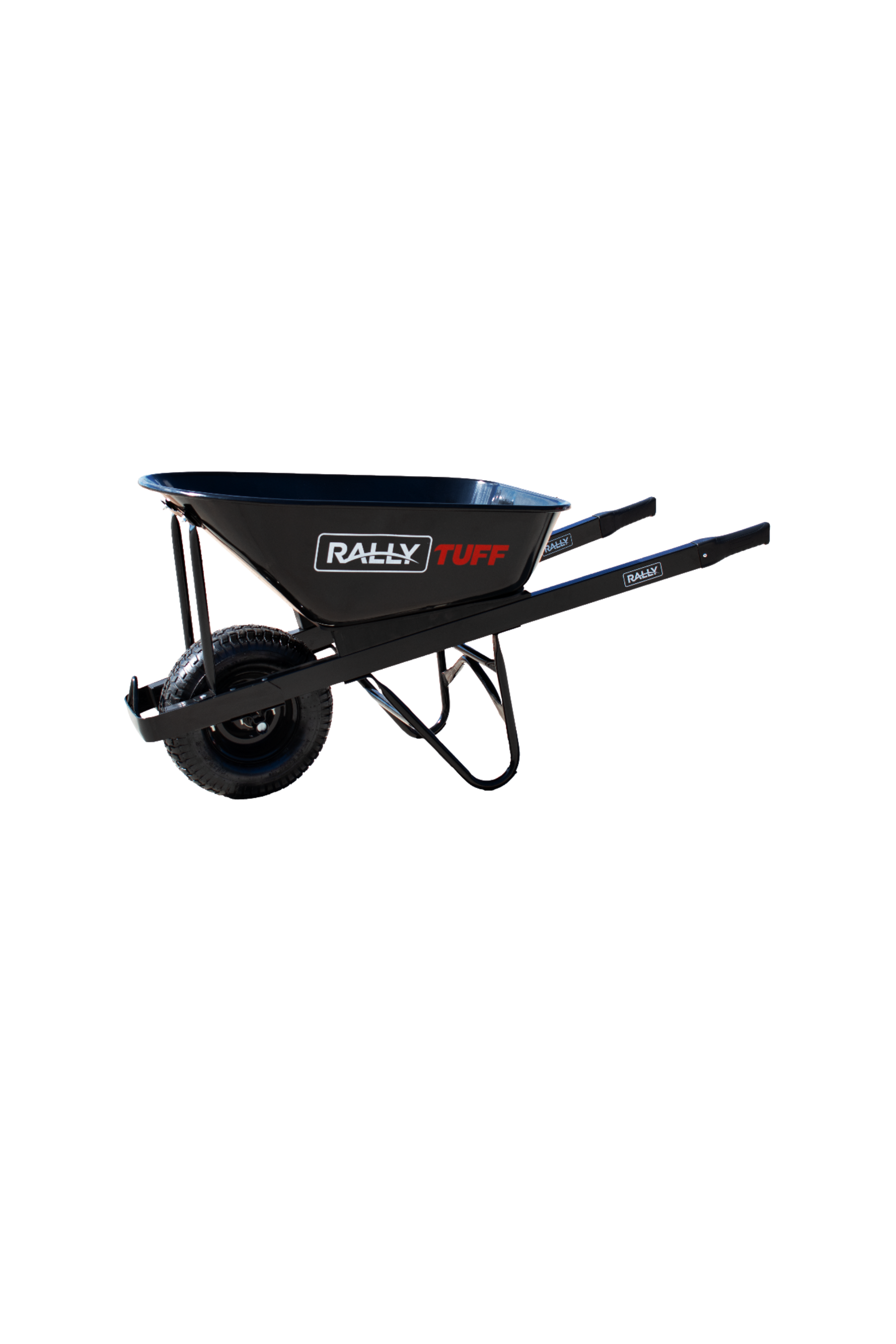 Black wheelbarrow with 'Rally Tuff' branding