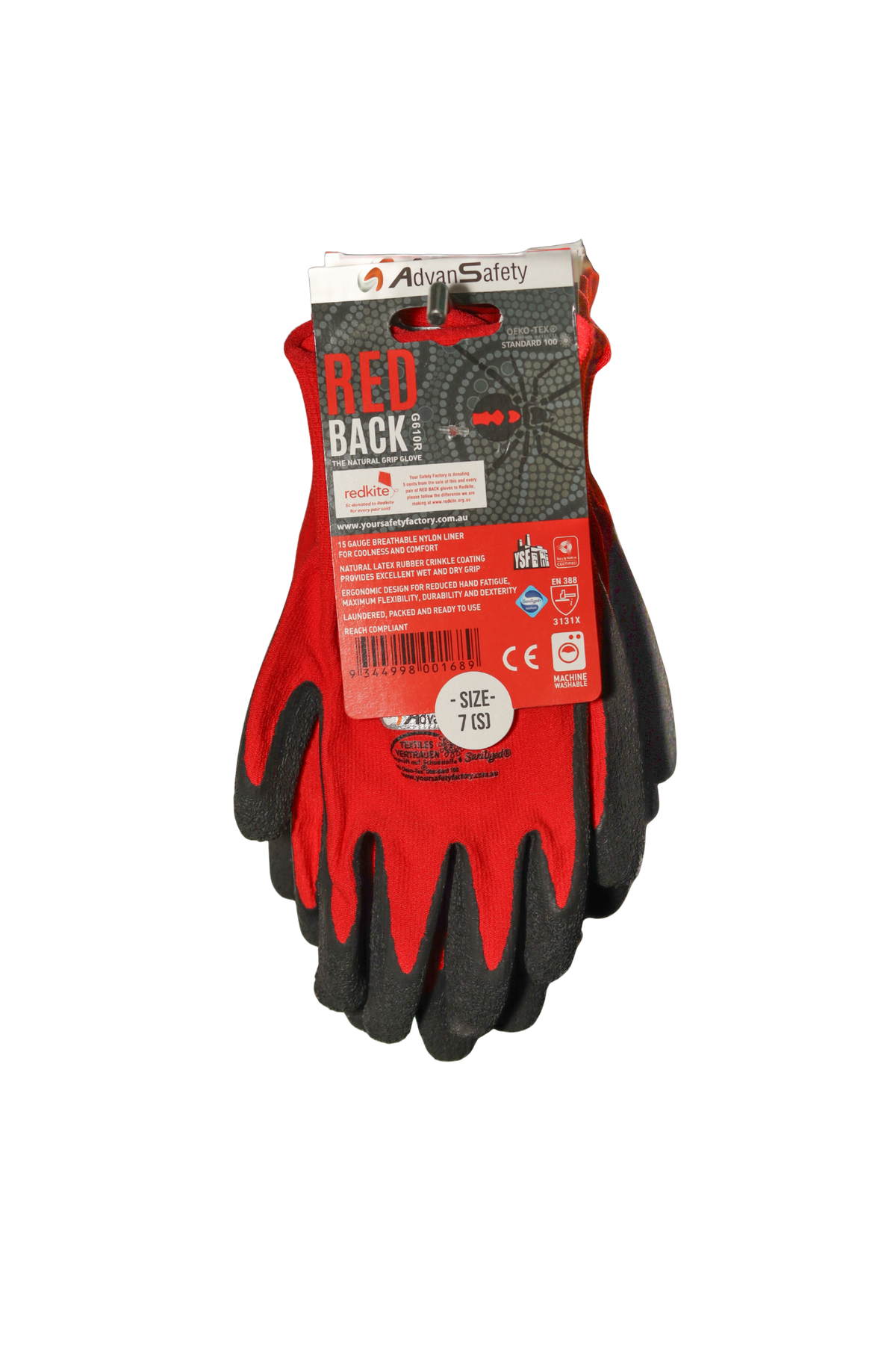 Red and black gloves with a visible brand label