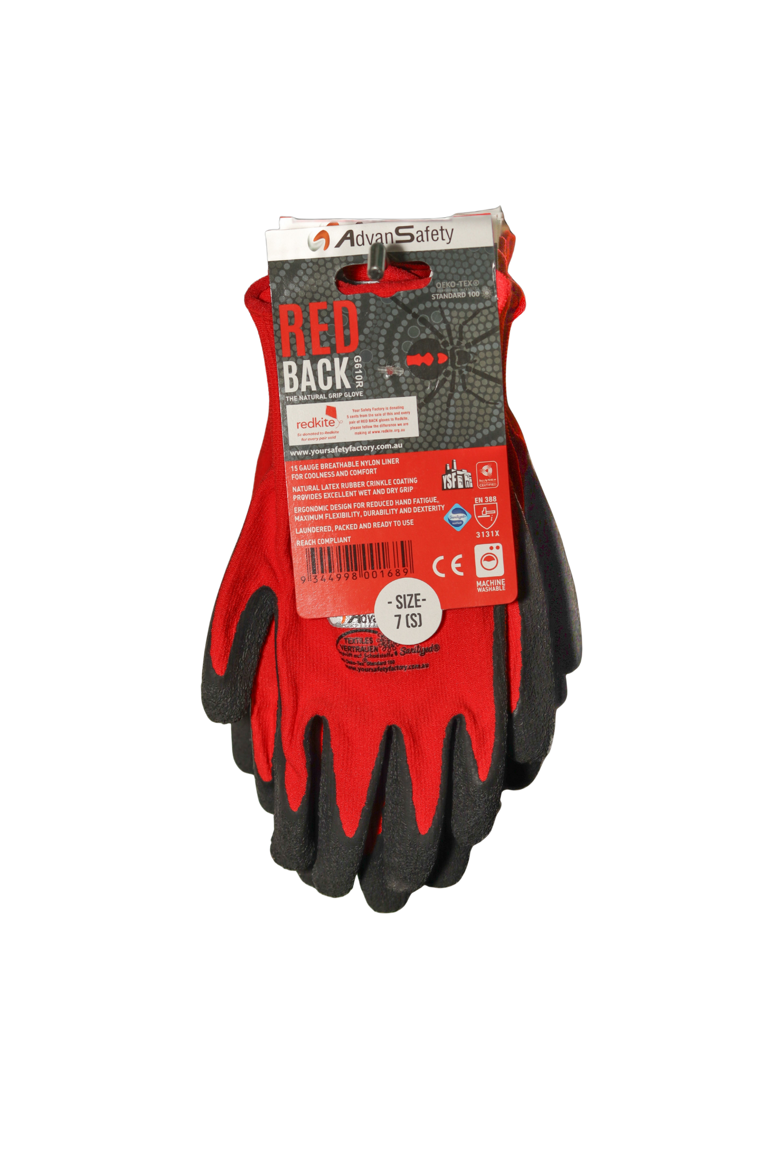 Red and black gloves with a visible brand label