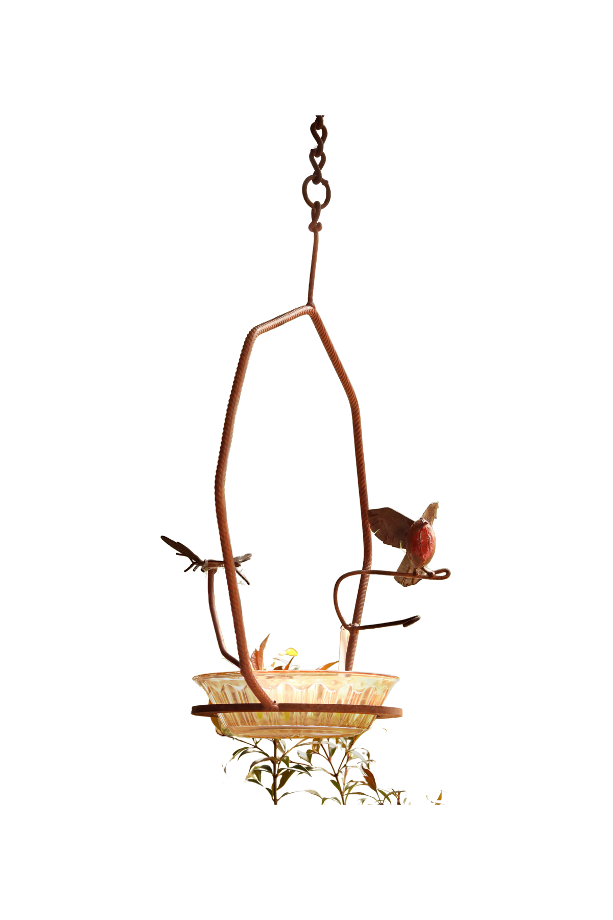 Decorative hanging bird bath with metal birds