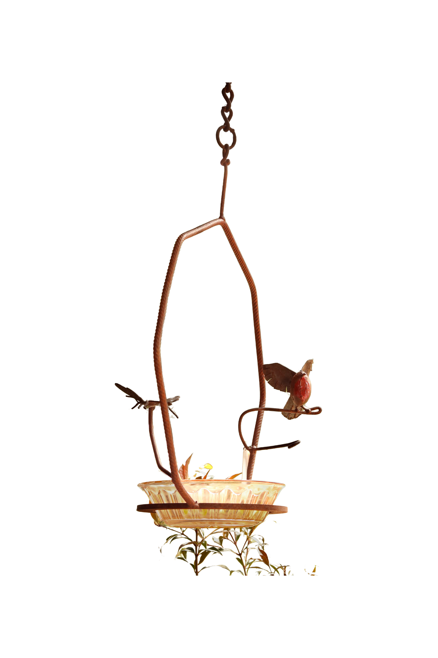 Decorative hanging bird bath with metal birds
