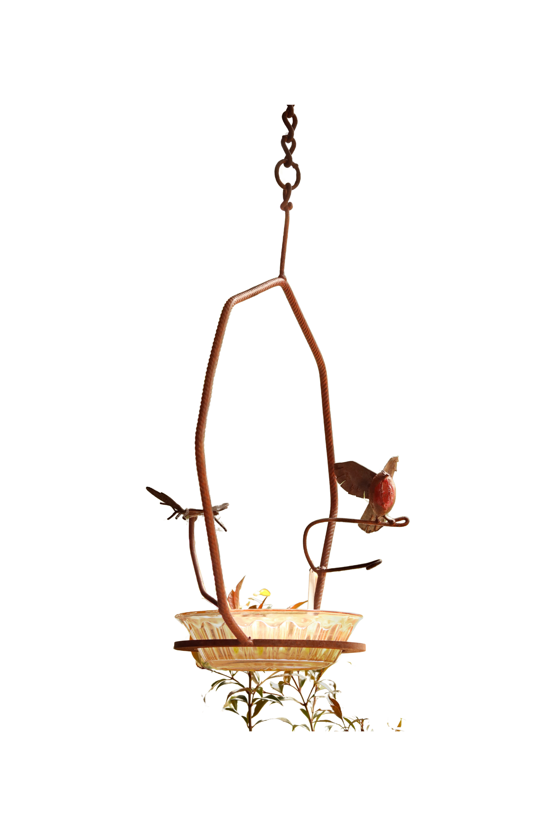 Decorative hanging bird bath with metal birds