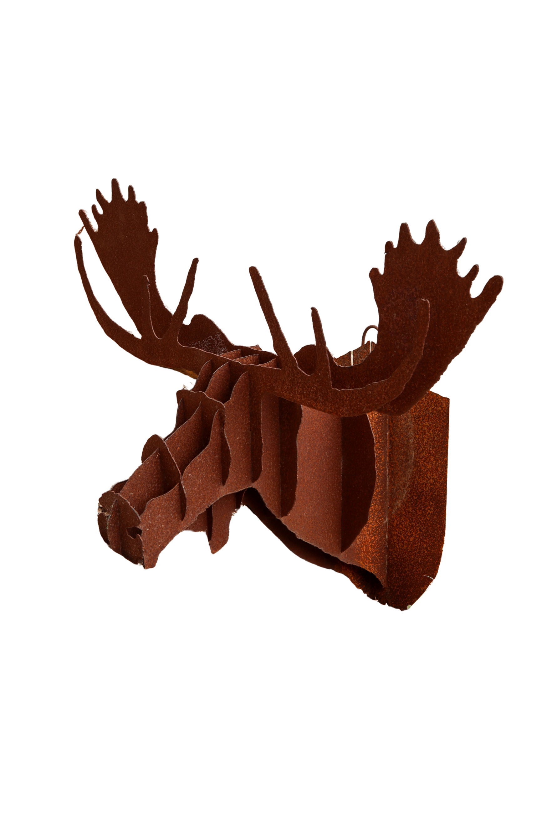 A rusted metal sculpture of a moose head