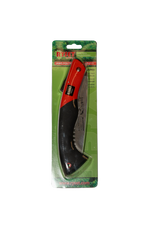 Folding saw with red and black handle in packaging