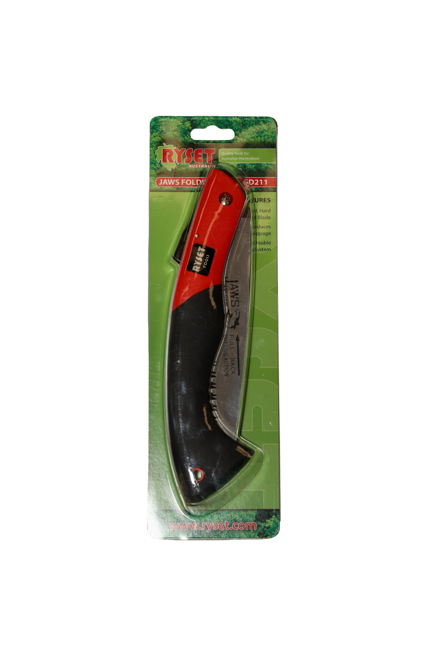 Folding saw with red and black handle in packaging