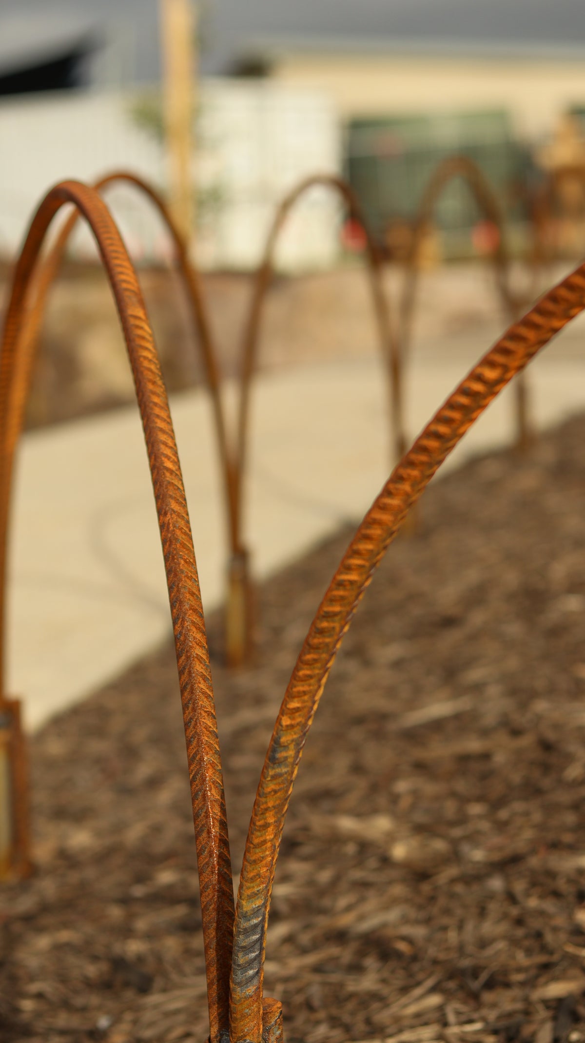 Rust-colored metal hoop in a garden on a blurred outdoor background