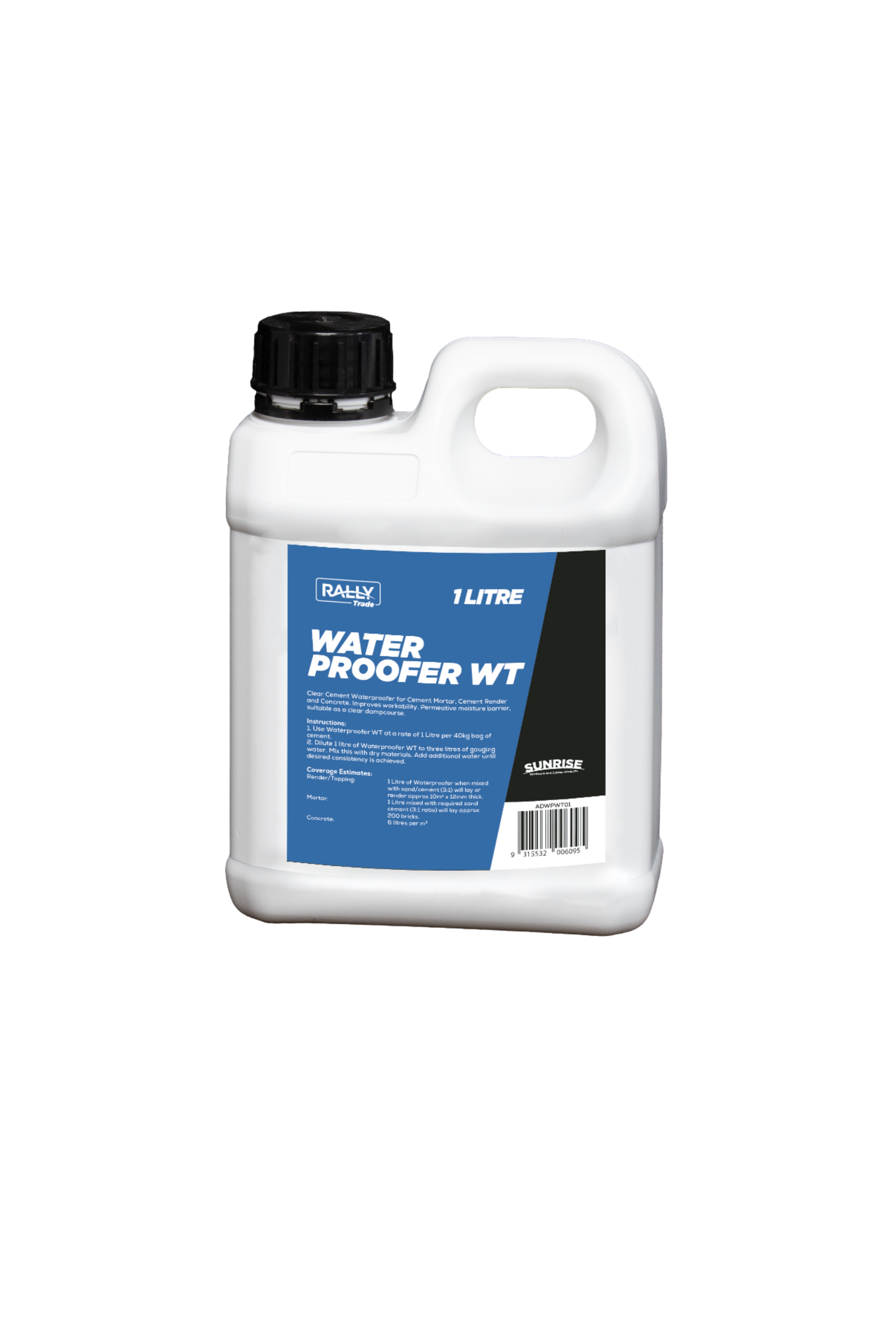 Bottle of Rally Waterproofer WT in white container and blue label