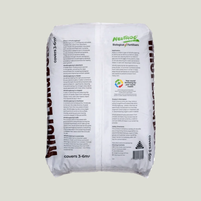Back of a Neutrog fertilizer bag on a transparent background
